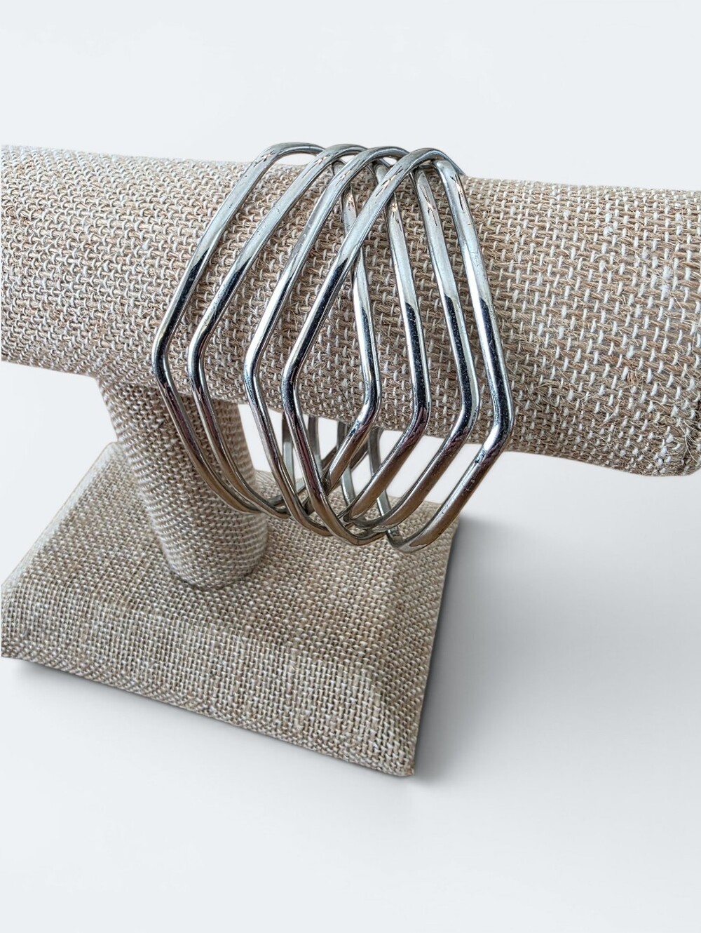 Vintage Silver Hexagon Multi Layer Bangle Bracelet Stack Geometric Connected